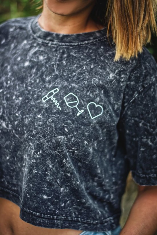 DÁMSKÝ CROP TOP S KRÁTKÝM RUKÁVEM S IKONAMI - Velikost: L